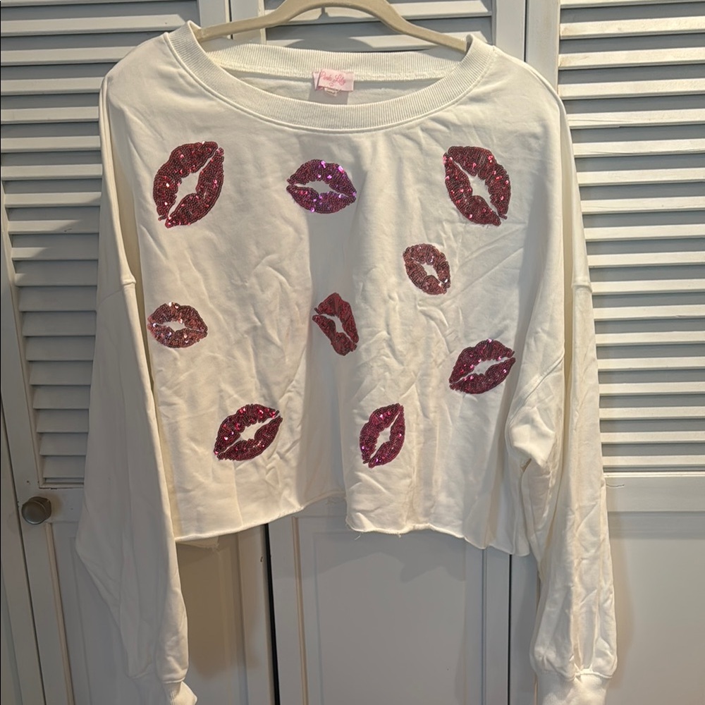 Pink Lily White Sweatshirt with Pink Sequin Lip